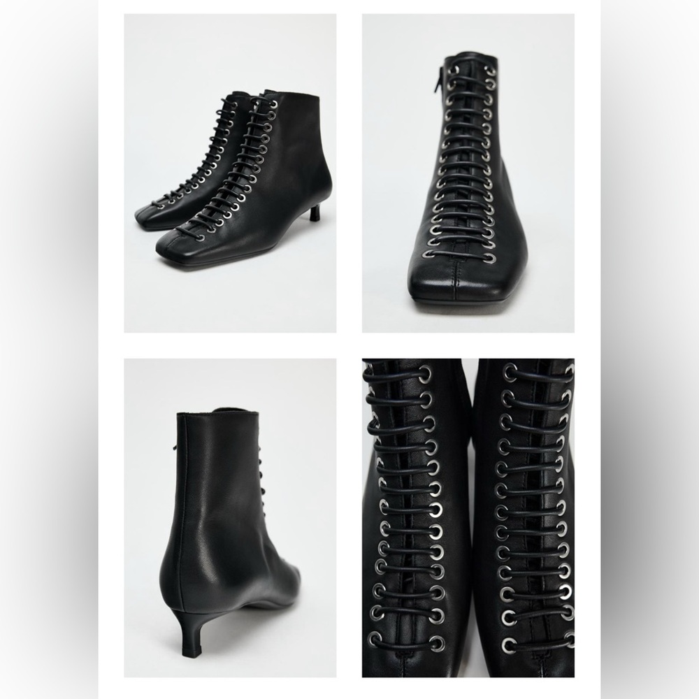 ZARA LACED LEATHER HIGH TOP KITTEN HEELS SZ 6